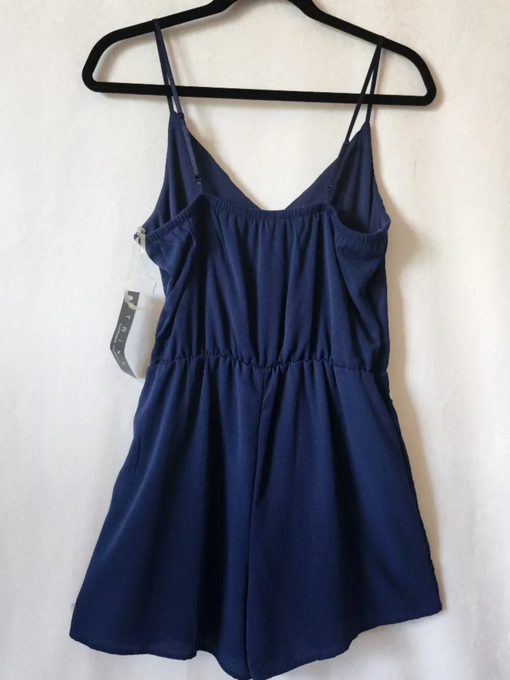 Trixxi Women Size L Blue Faux Surplice Floral Embroidered Strappy Sleeve Romper